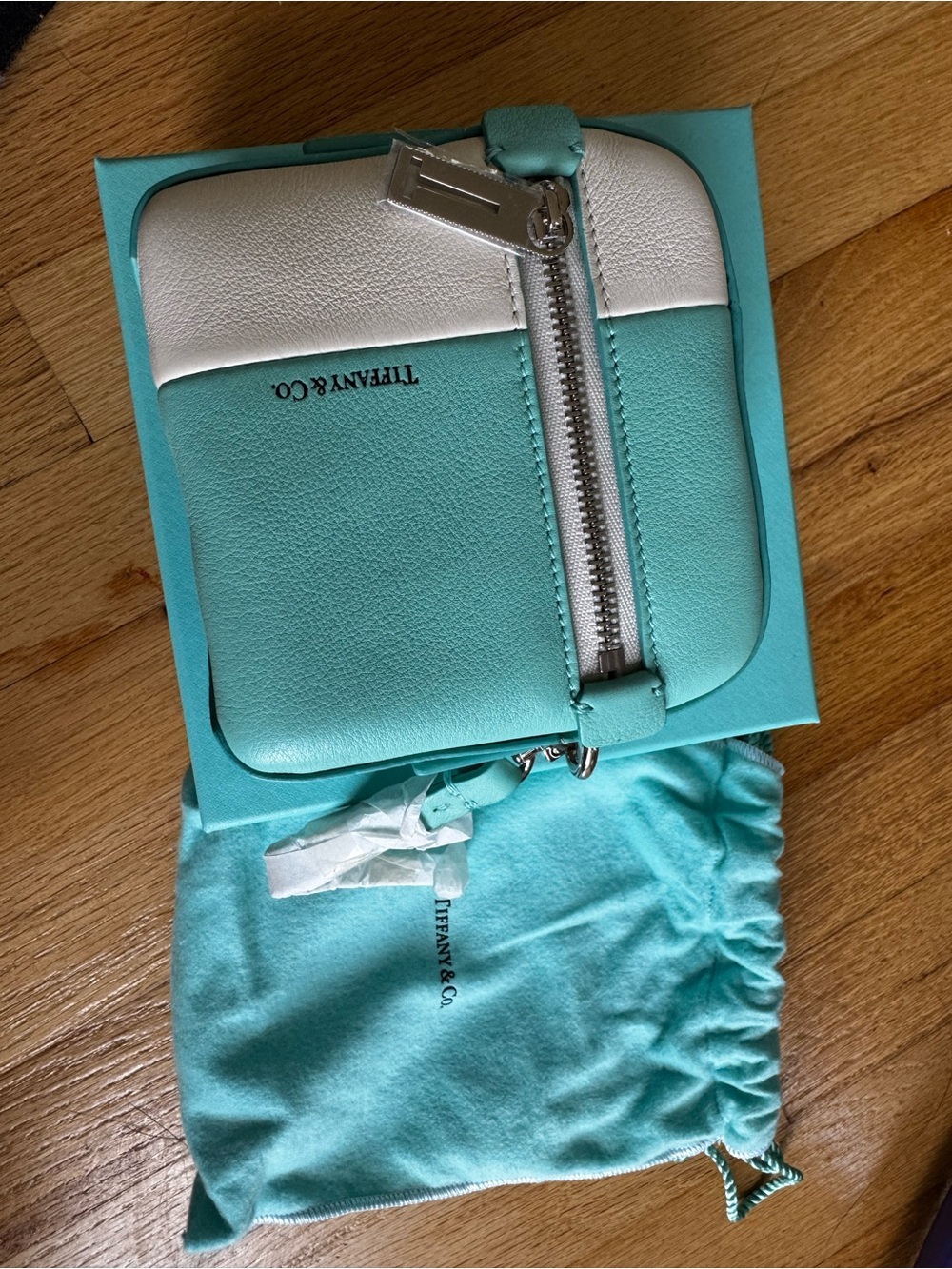 Tiffany & Co. Blue and White Leather Zip Pouch with Silver Hardware